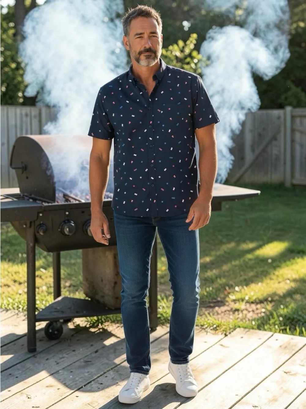 Patriotic July 4th Navy Short-Sleeve Button-Down Shirt‎